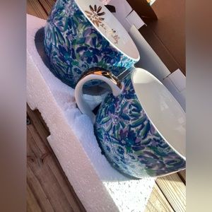 Lilly Pulitzer 12 Ounce Blue Ceramic Coffee/Tea Mug with Gold Handle - Set of 2